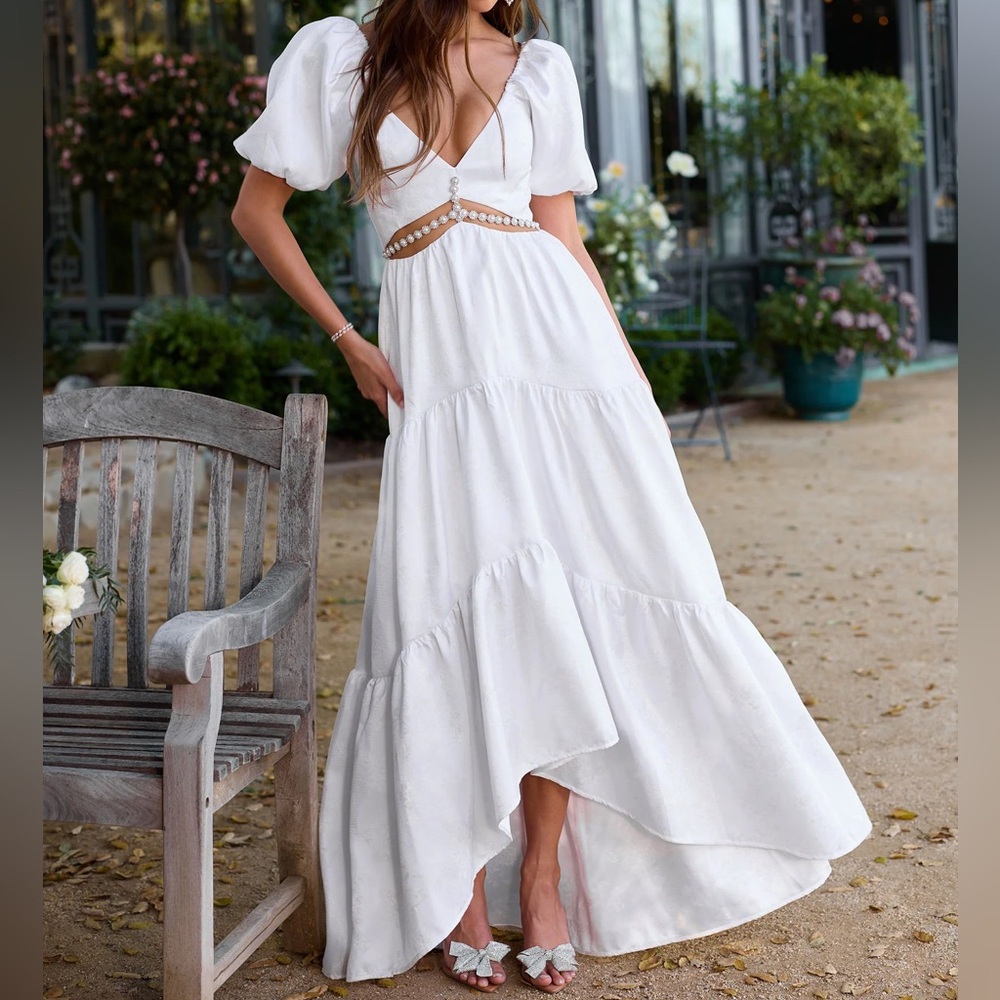 V.‎ Chapman Emma Dress White Windsor Brocade Embellished Cutout Maxi Gown Sz 14